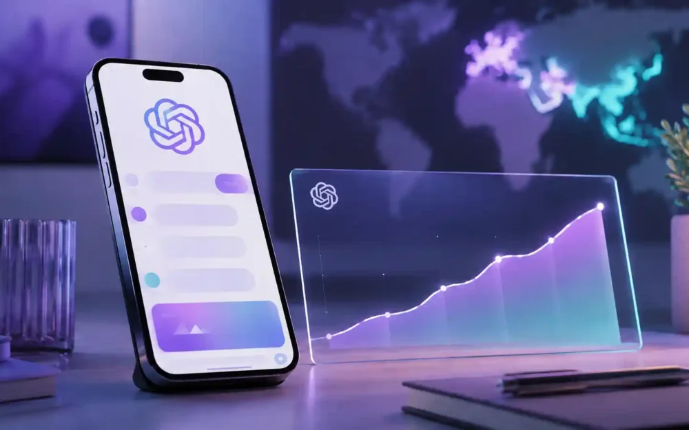Phone showing ChatGPT app with an ad card and a world map graphic, a milestone expanding access to AI advertising | Business