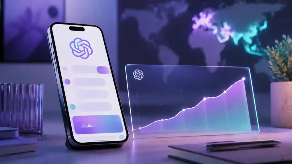 Phone showing ChatGPT app with an ad card and a world map graphic, a milestone expanding access to AI advertising | Business