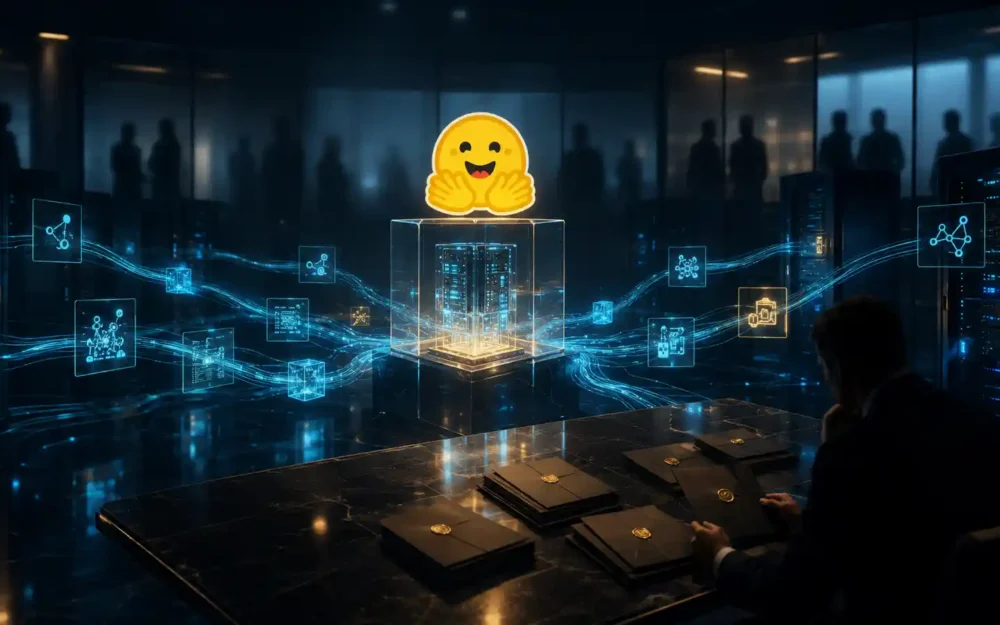 Hugging Face emblem in an acquisition boardroom — hugging face reportedly | AI Startups
