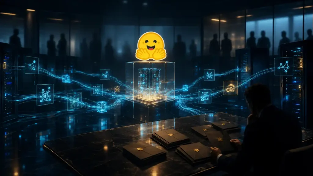 Hugging Face emblem in an acquisition boardroom — hugging face reportedly | AI Startups