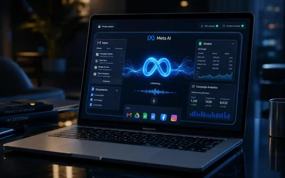 Meta AI voice waves crossing Mac app windows — meta wants talk | AI Tools