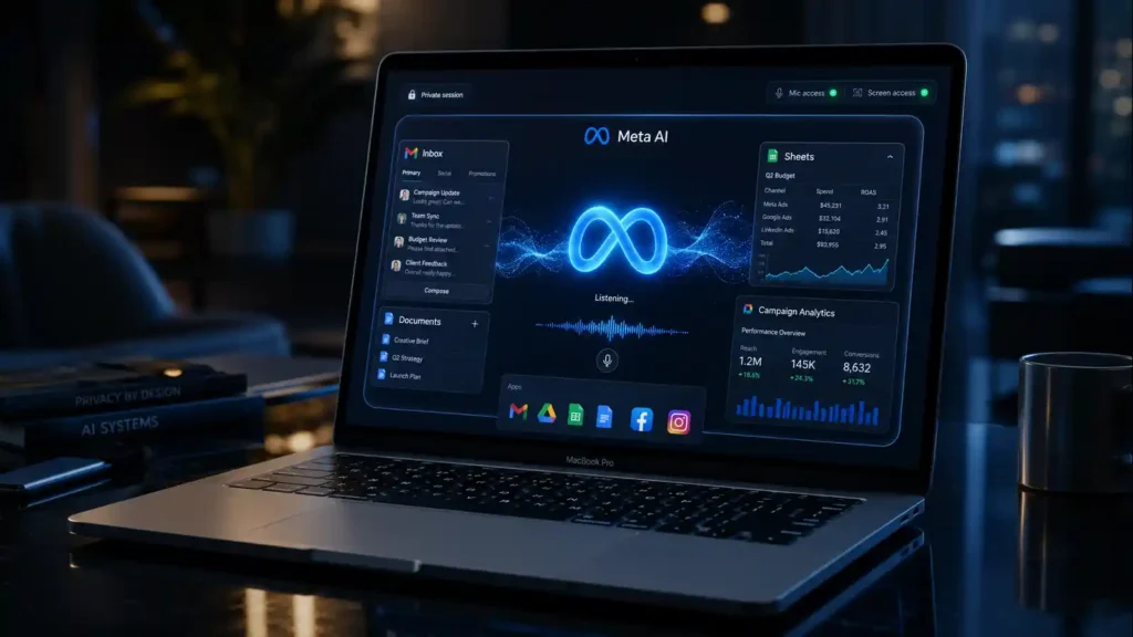 Meta AI voice waves crossing Mac app windows — meta wants talk | AI Tools