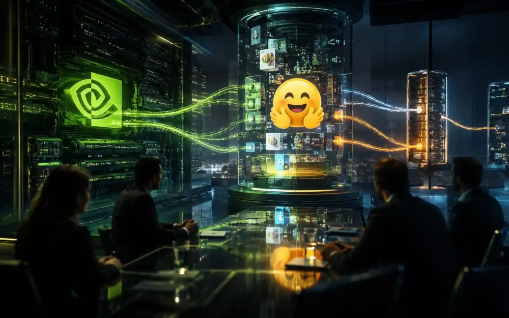 Nvidia and Hugging Face emblems over GPU racks — nvidia closes hugging Face deal | Business