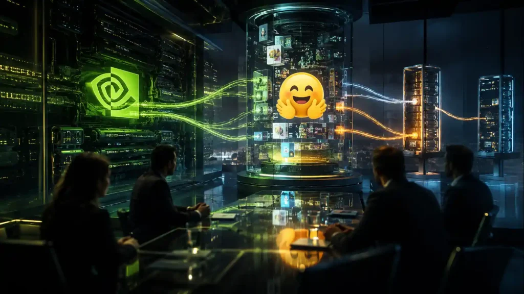 Nvidia and Hugging Face emblems over GPU racks — nvidia closes hugging Face deal | Business