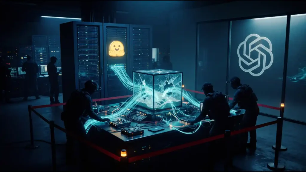 OpenAI and Hugging Face emblems above breached servers — openai releases official | AI Policy