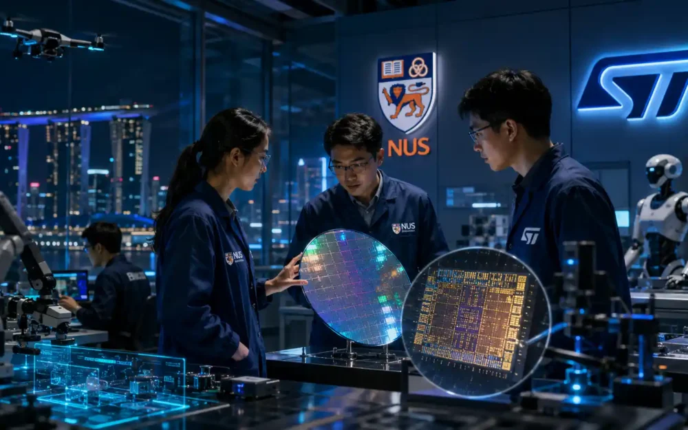 ST and NUS engineers examine an edge AI chip — stmicroelectronics launch corporate | Research