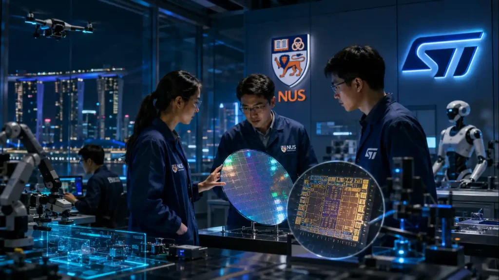 ST and NUS engineers examine an edge AI chip — stmicroelectronics launch corporate | Research