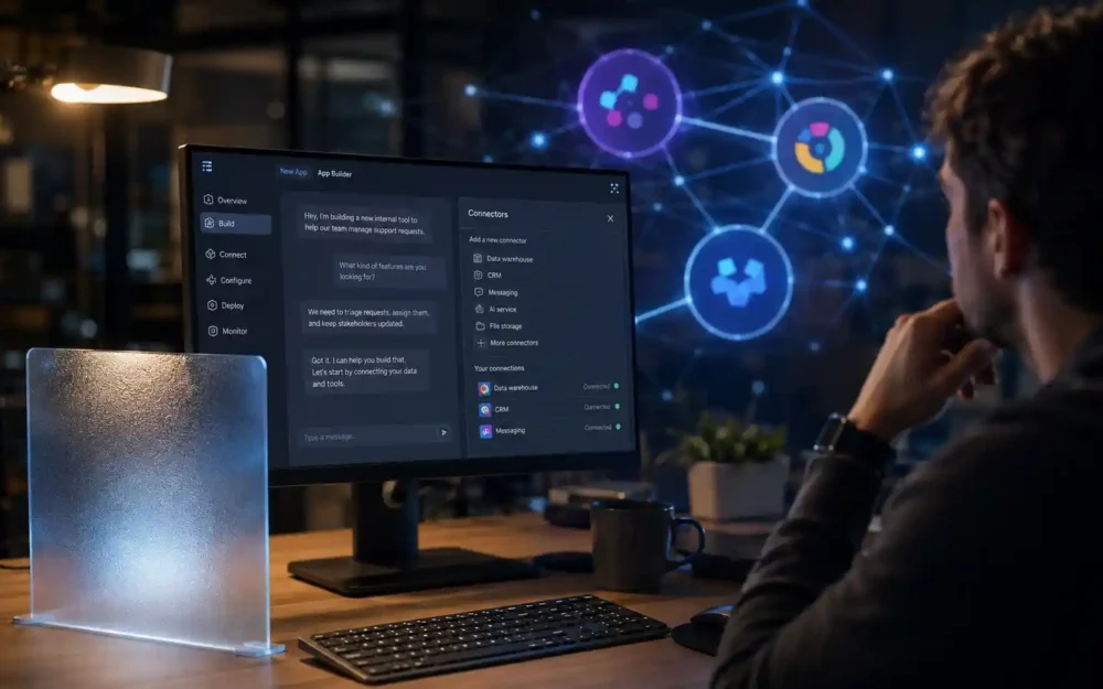 Developer setting up Vercel Connect to link a v0 app to Slack and Google — connect apps slack | AI Tools