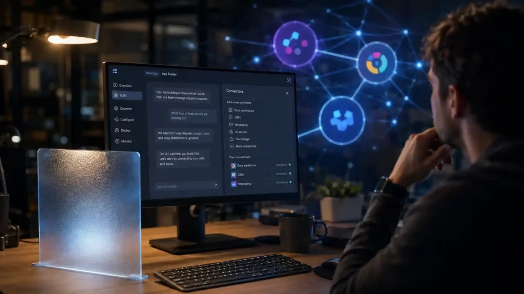 Developer setting up Vercel Connect to link a v0 app to Slack and Google — connect apps slack | AI Tools