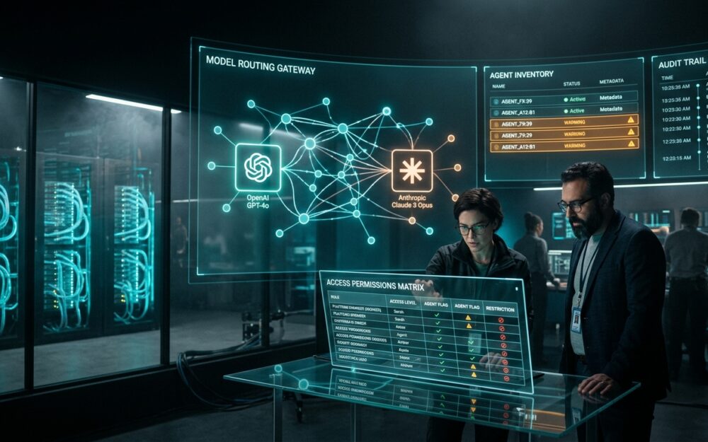 AI operations control room with model routing and agent oversight panels: enterprise becoming operations | Business