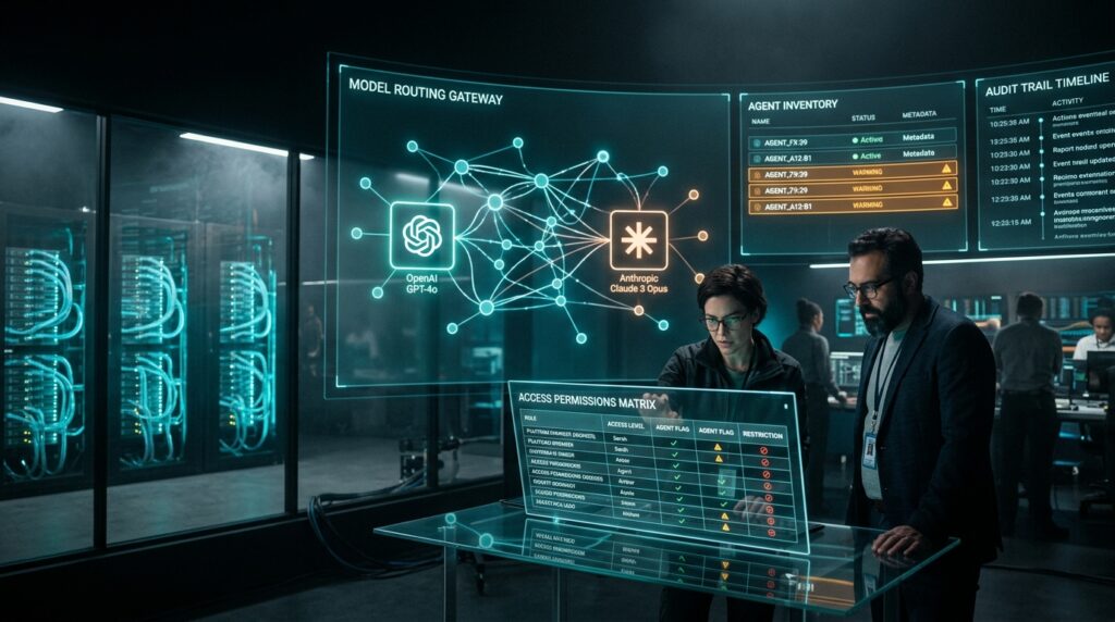 AI operations control room with model routing and agent oversight panels: enterprise becoming operations | Business