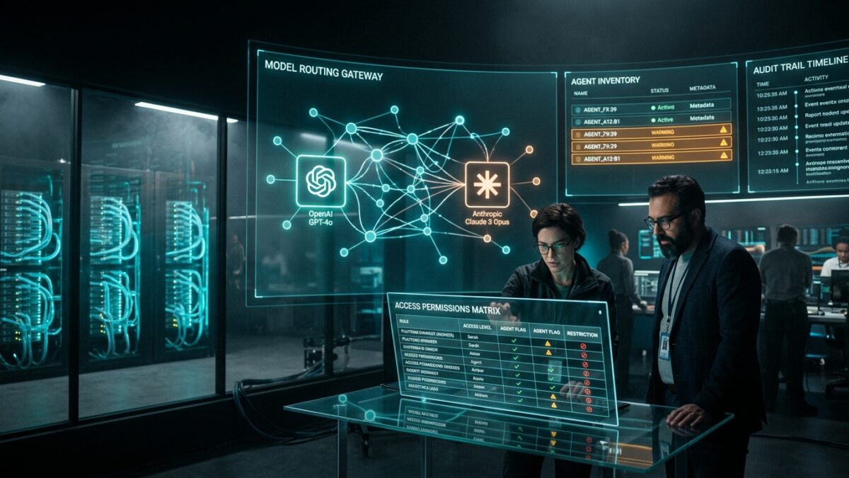 AI operations control room with model routing and agent oversight panels: enterprise becoming operations | Business
