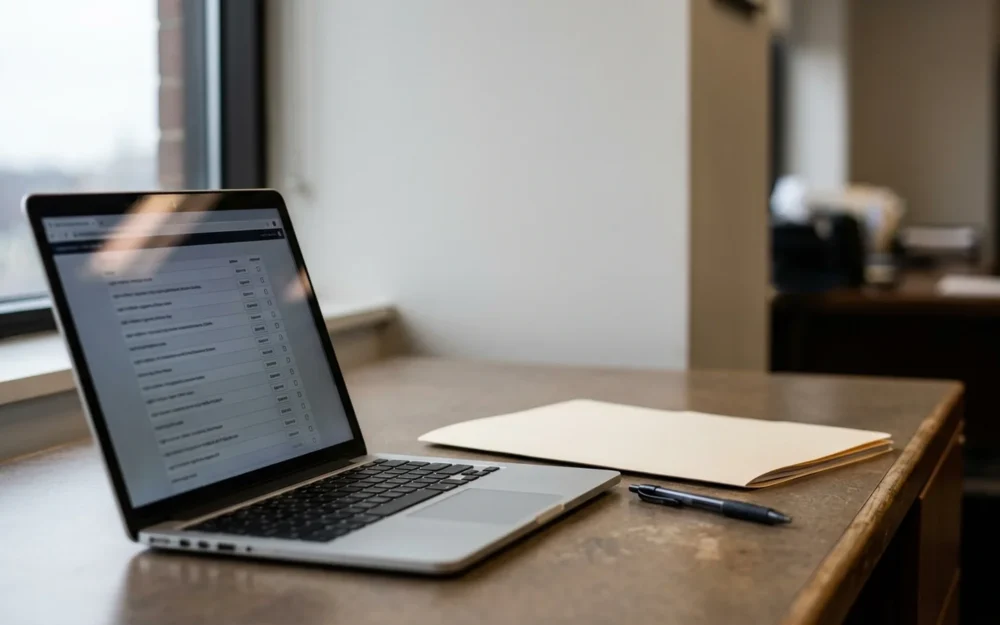 Laptop showing an unreadable agent activity log beside a closed legal folder on a desk