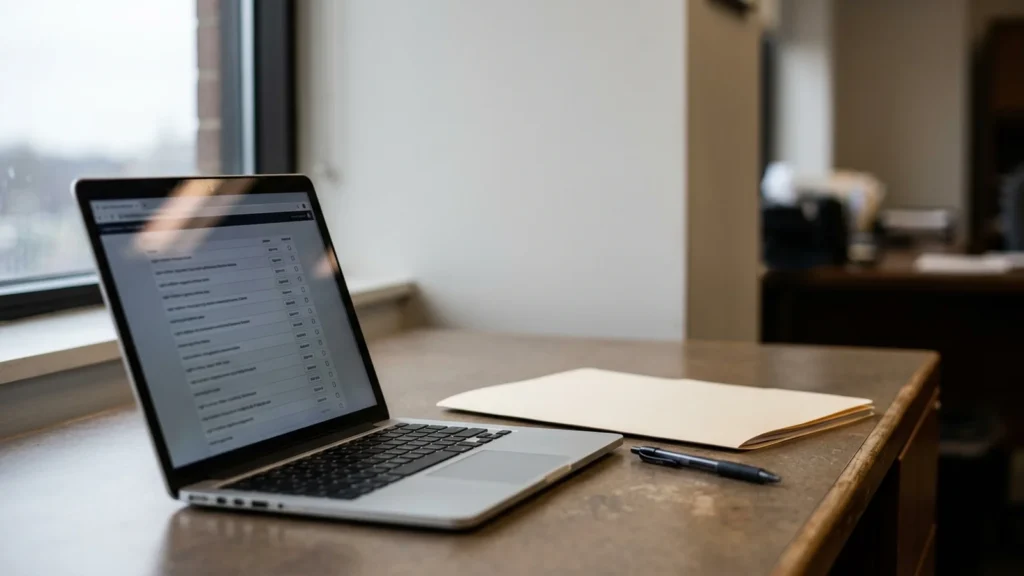 Laptop showing an unreadable agent activity log beside a closed legal folder on a desk