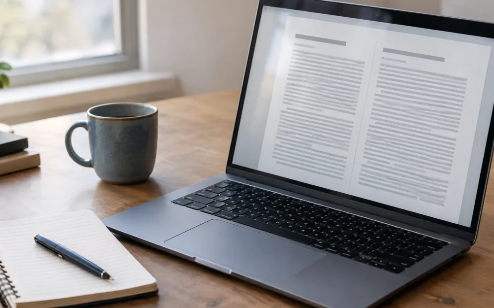 Laptop on a researcher's desk showing a paper page of dense text beside a notepad and pen