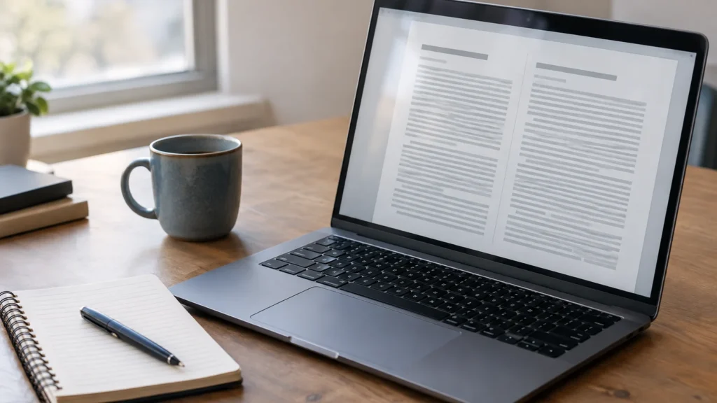 Laptop on a researcher's desk showing a paper page of dense text beside a notepad and pen