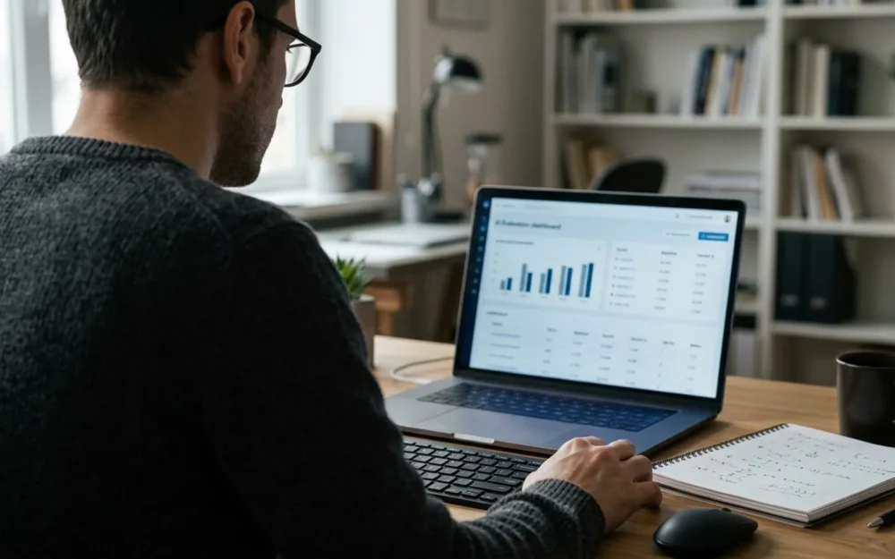 Researcher reviewing an AI agent benchmark dashboard on a laptop at a desk