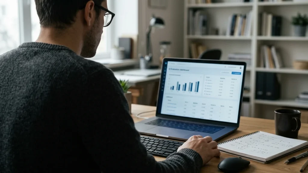 Researcher reviewing an AI agent benchmark dashboard on a laptop at a desk