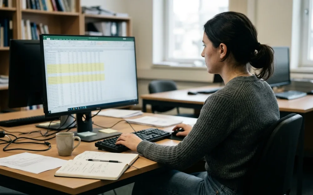 Researcher reviewing rows of a benchmark dataset on a computer screen at a desk