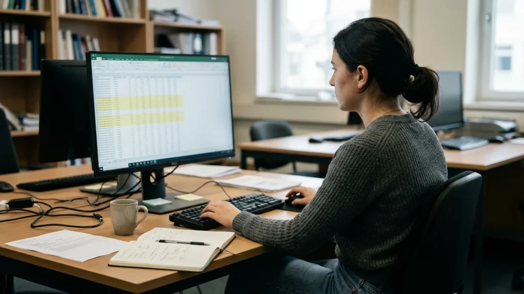 Researcher reviewing rows of a benchmark dataset on a computer screen at a desk