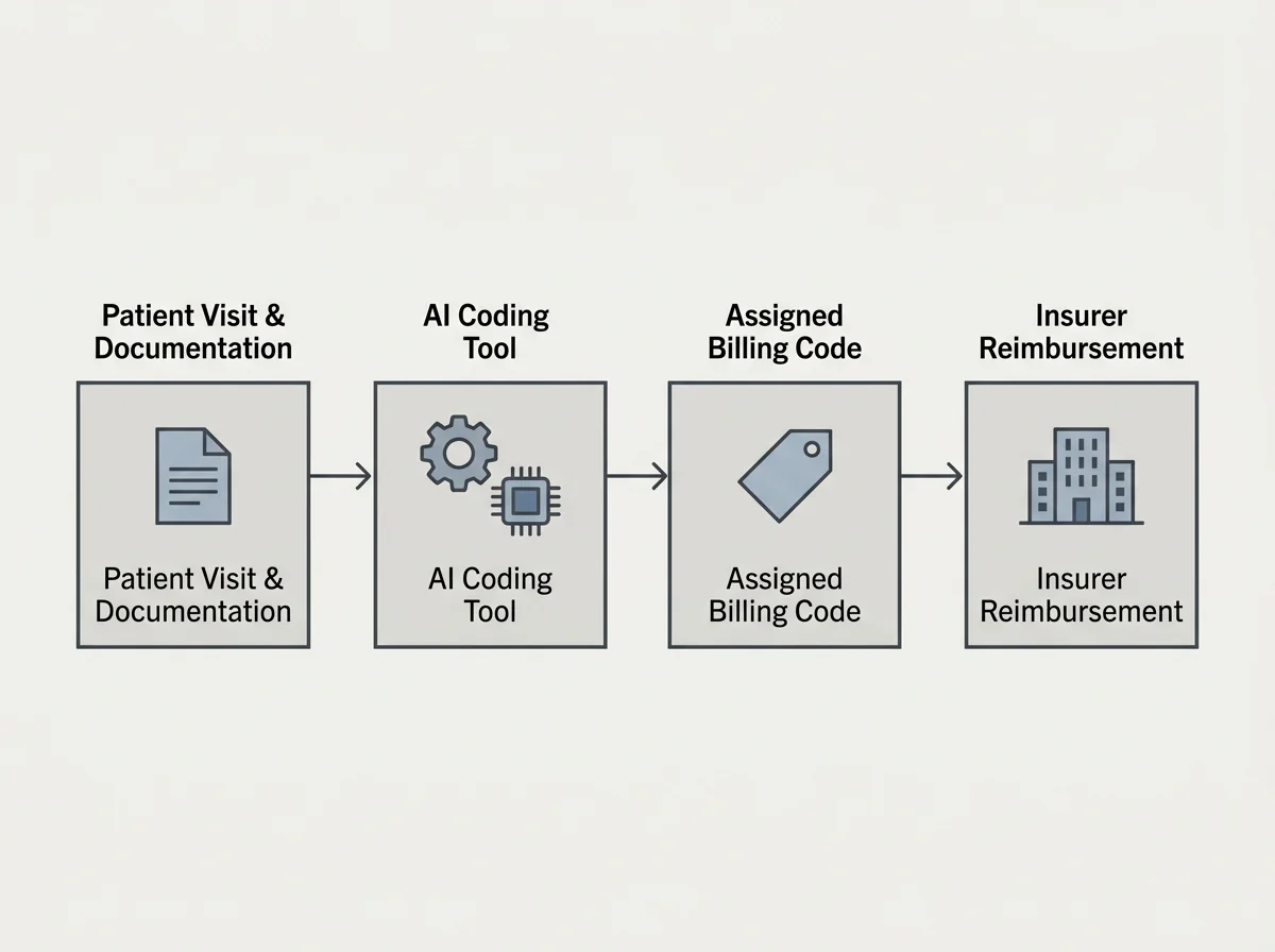 Diagram showing patient visit, AI coding tool, billing code, and insurer reimbursement steps