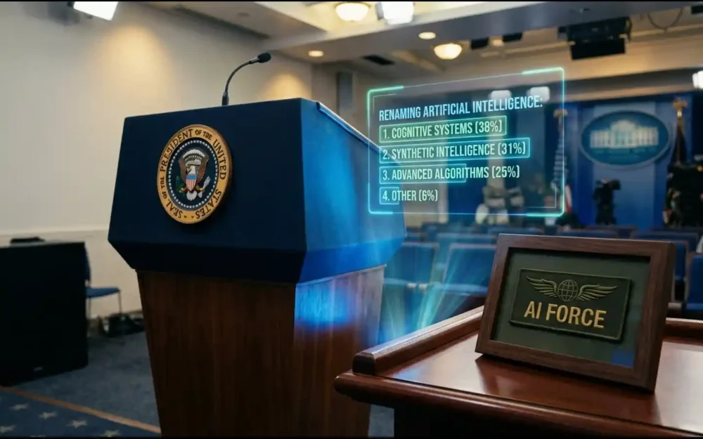 White House lectern with AI renaming poll graphic and AI Force patch, illustrating Trump ai force rebrand story