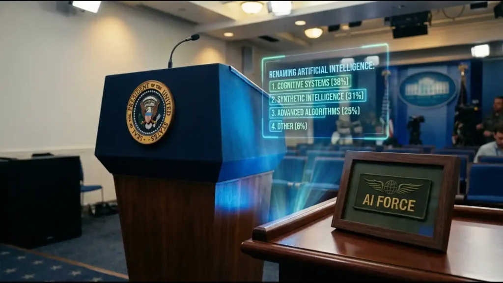 White House lectern with AI renaming poll graphic and AI Force patch, illustrating Trump ai force rebrand story