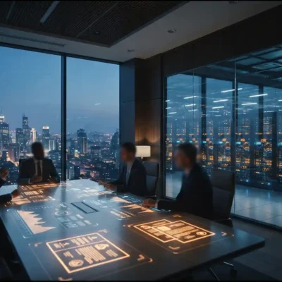 Corporate boardroom overlooking a data center, illustrating the AI safety crunch enterprises now face | AI Policy