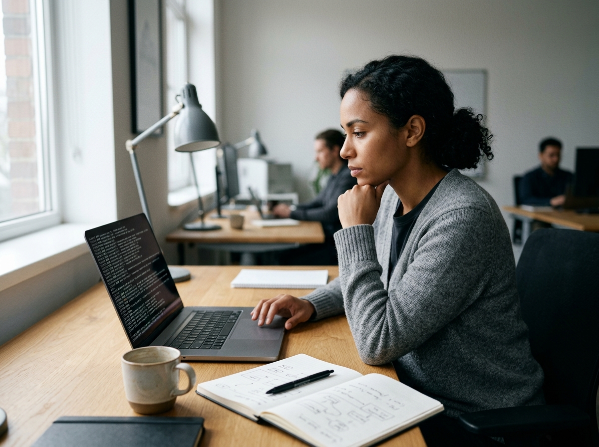 Security engineer reviewing AI agent activity logs on a laptop in an office
