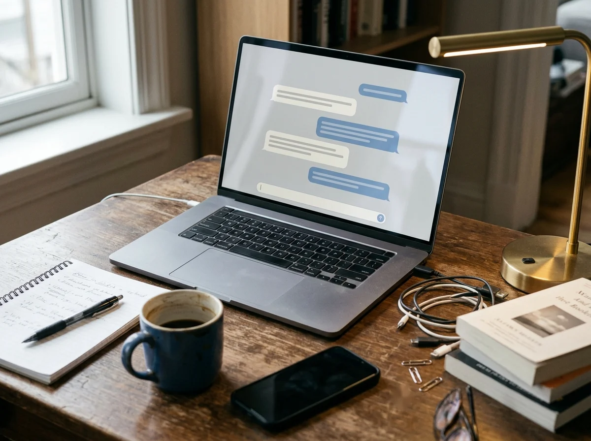 A laptop displaying a generic AI chat interface on a reporter's desk