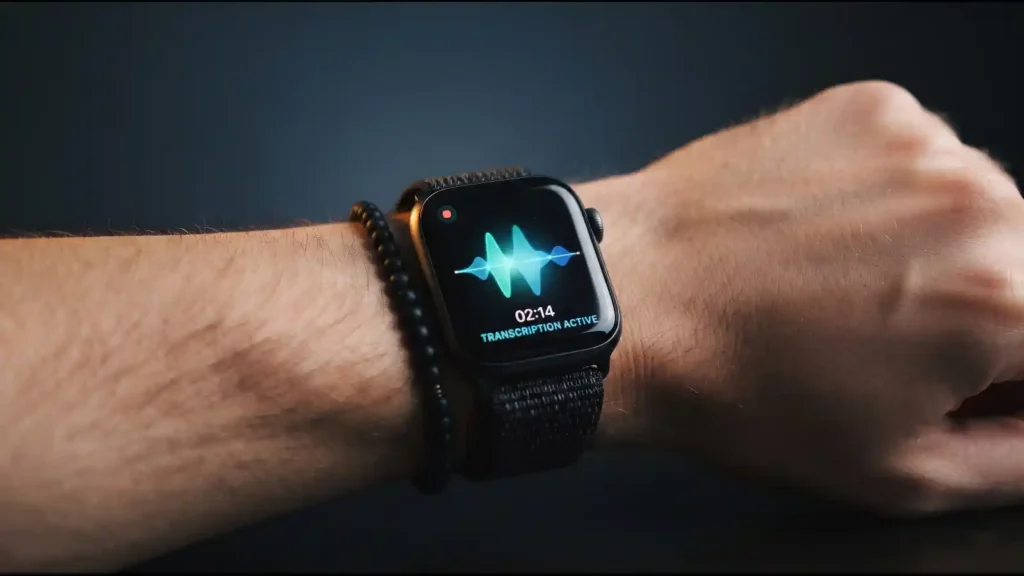 Apple Watch showing live transcription, part of Apple Watch's new AI features for conversation recaps
