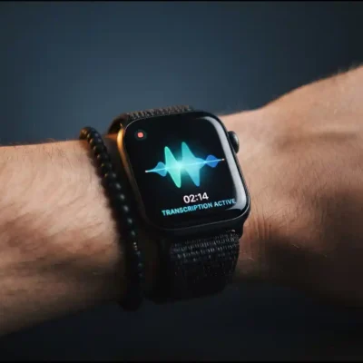 Apple Watch showing live transcription, part of Apple Watch's new AI features for conversation recaps