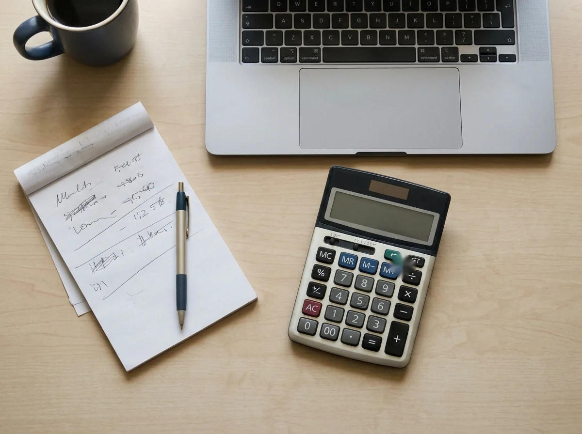 Overhead view of a notepad, handheld calculator and laptop on a desk, the setup for a cost comparison