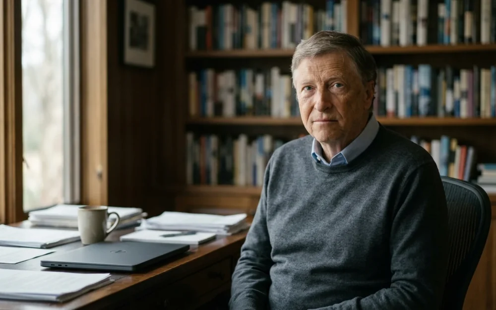 Bill Gates seated in a book lined office, photographed in a documentary editorial style
