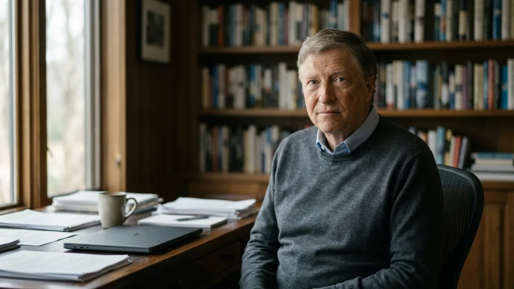 Bill Gates seated in a book lined office, photographed in a documentary editorial style