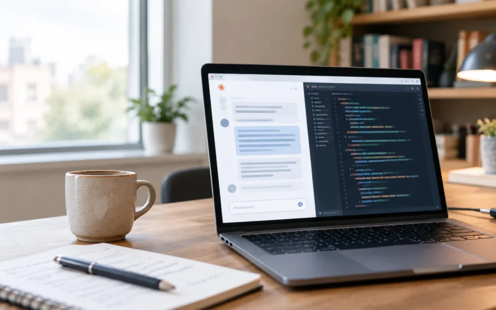 Developer's laptop on a desk showing a chat based AI assistant window beside a notebook and a coffee cup