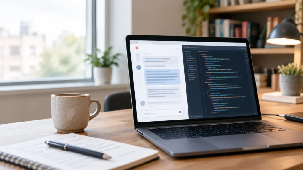 Developer's laptop on a desk showing a chat based AI assistant window beside a notebook and a coffee cup