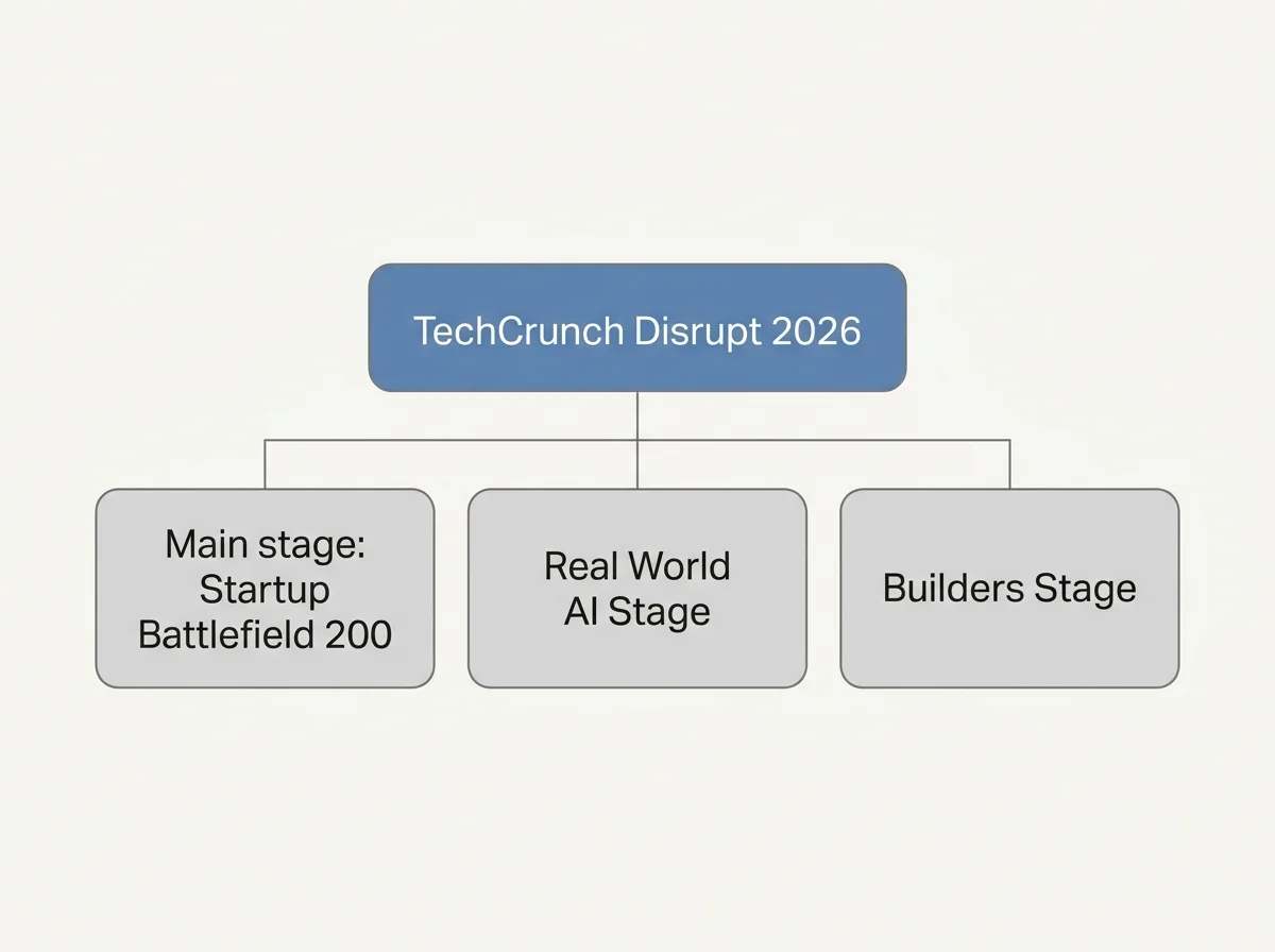 Diagram of TechCrunch Disrupt 2026 with three boxes: main stage, Real World AI Stage and Builders Stage