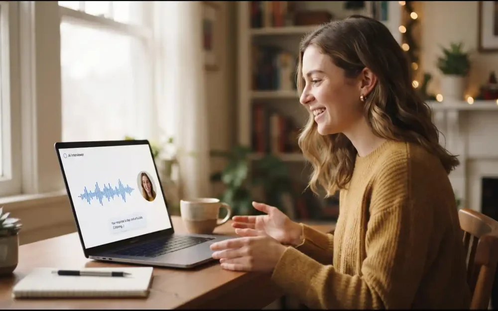 Job seeker practicing a mock interview on a laptop for Eightfold AI Career Day | AI Tools