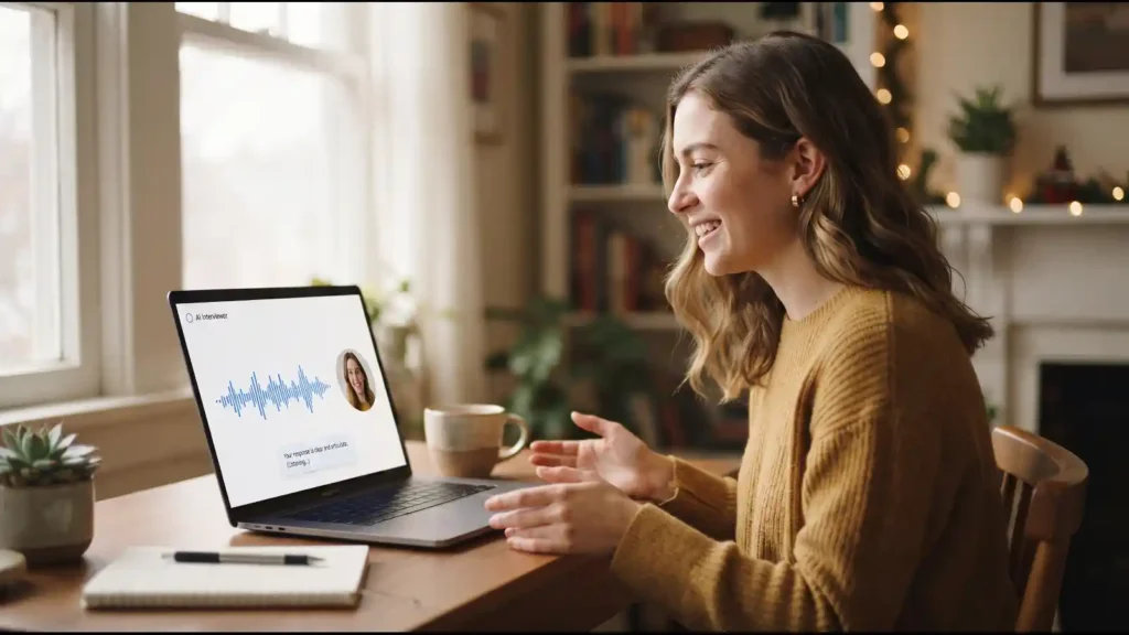 Job seeker practicing a mock interview on a laptop for Eightfold AI Career Day | AI Tools