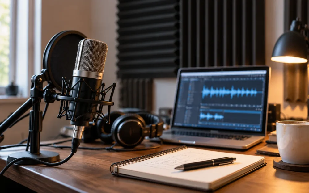 Voice recording desk with a studio microphone, headphones and a laptop showing an audio waveform editor