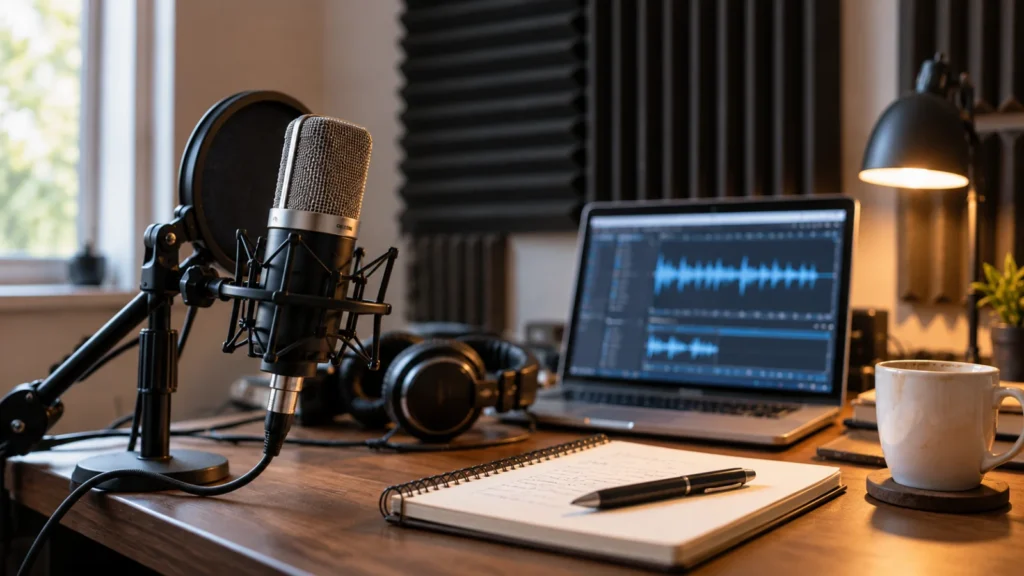 Voice recording desk with a studio microphone, headphones and a laptop showing an audio waveform editor