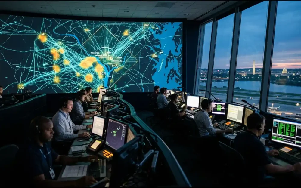 Command center map of AI-predicted routes, the FAA's plan for air traffic in Washington | AI Policy
