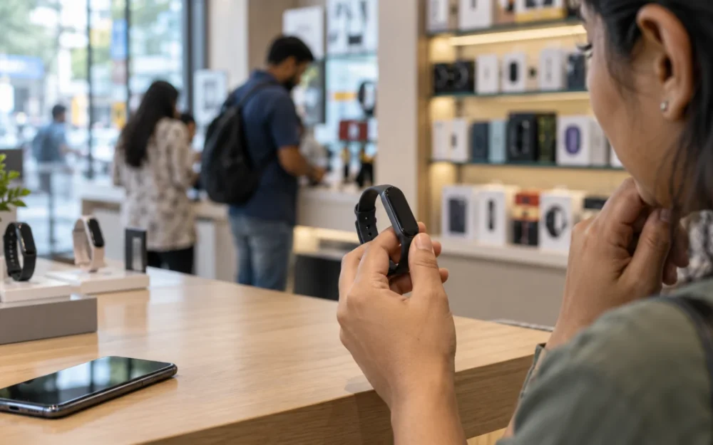 A shopper's hand holding a wrist fitness tracker at an electronics store counter in India, price tags blurred behind