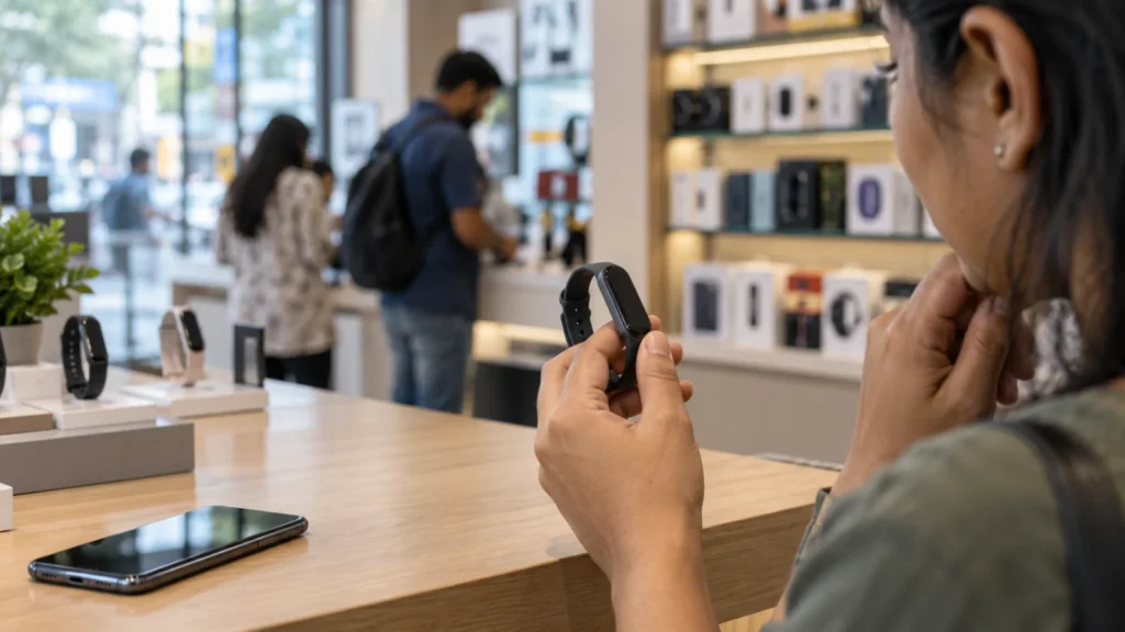 A shopper's hand holding a wrist fitness tracker at an electronics store counter in India, price tags blurred behind