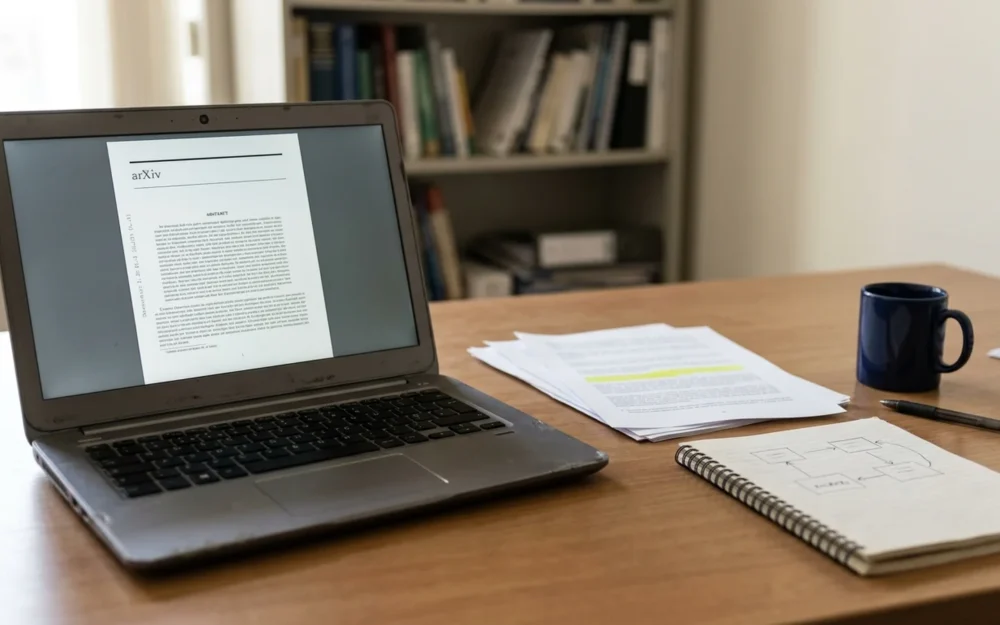 A researcher's desk with a laptop showing an arXiv paper page beside printed pages and a notebook of handwritten sketches