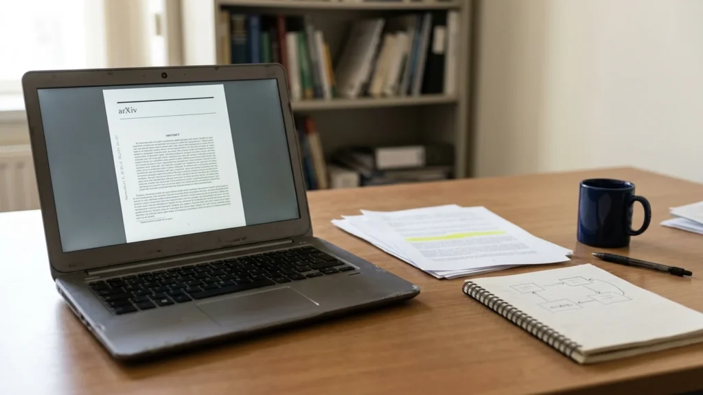 A researcher's desk with a laptop showing an arXiv paper page beside printed pages and a notebook of handwritten sketches