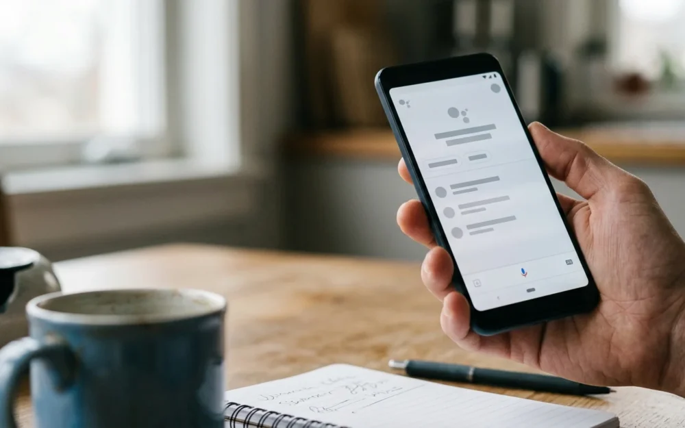 A person holding a Google Pixel phone at a kitchen table, with a notepad and coffee cup nearby, about to delegate a call