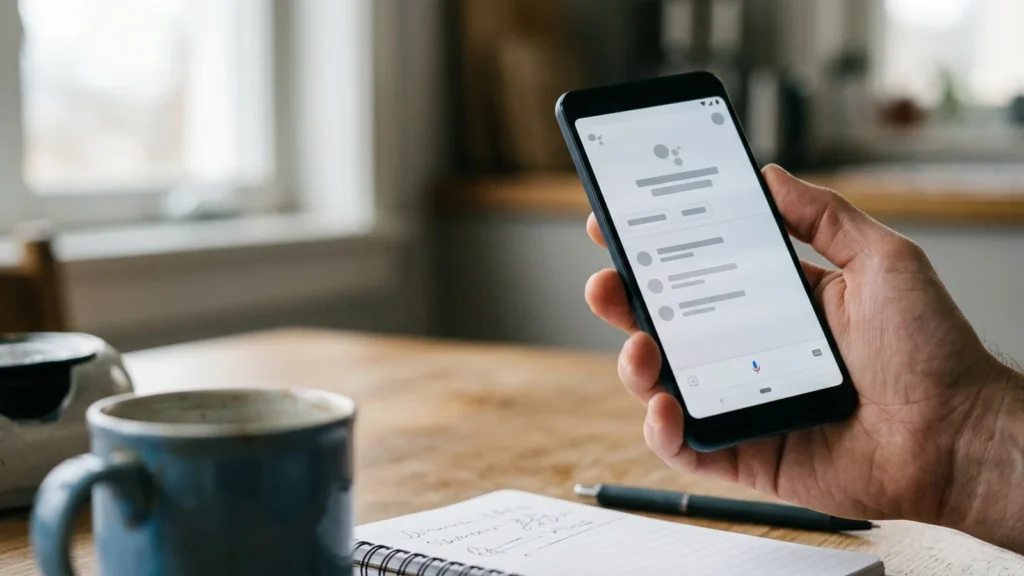A person holding a Google Pixel phone at a kitchen table, with a notepad and coffee cup nearby, about to delegate a call