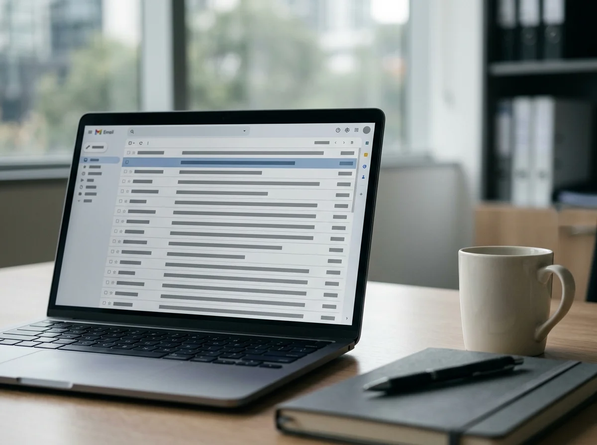 Laptop on an office desk showing an unread email inbox beside a notepad and a mug